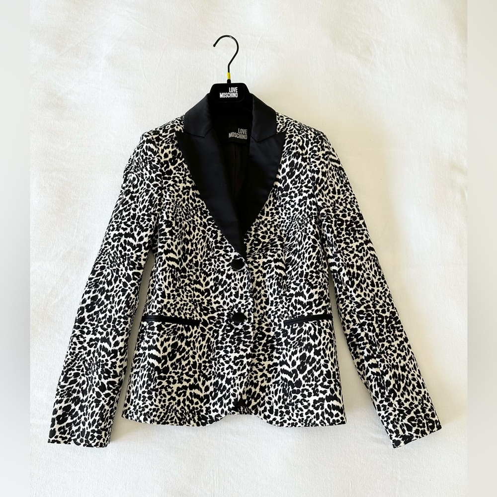 LOVE MOSCHINO Black & White Animal Print Cotton Blazer Jacket